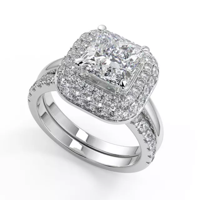 2.15 Ct Princess Cut Double Halo Diamond Engagement Ring VS2 G Treated