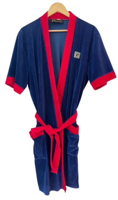 Givoni Blue and Red Velour 70's Mens Belted Vintage Dressing Gown - Unisex Style