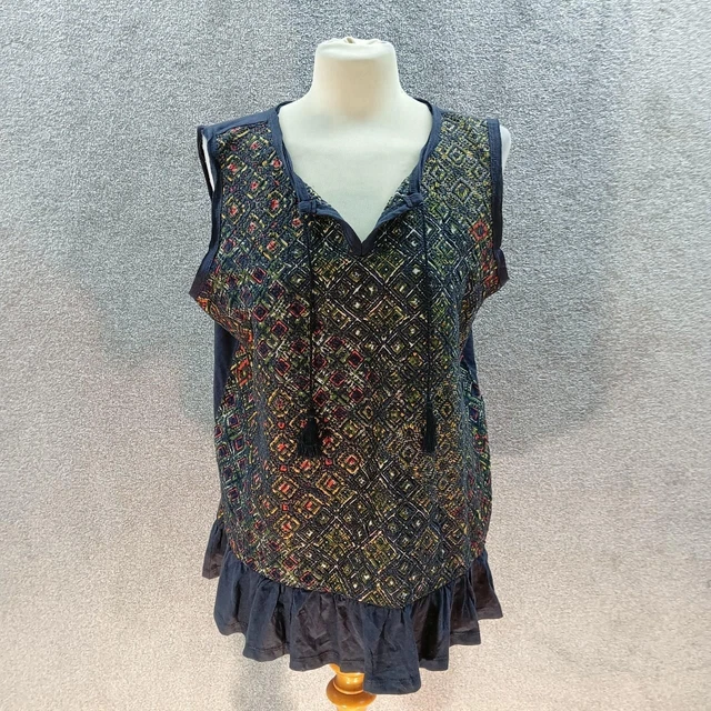 Next Vintage Navy Vest Top Embroidery Diamond Print Tie Neck Frill Hem Uk 16