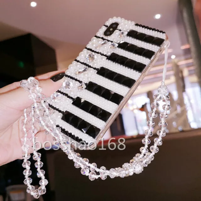 Bling Diamonds Sparkly Piano Keys Soft Women Phone Case W/ Crystal Neck Lanyard