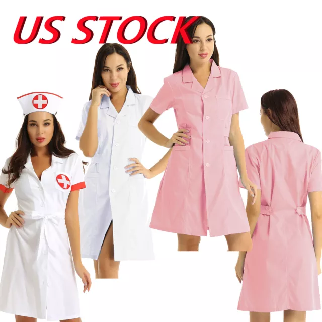 US Women Nurse Dress Uniform Lapel Collar Hospital Work Scrubs Lab Coat Workwear