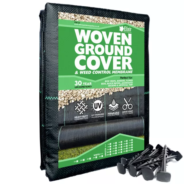 1m x 10m Woven Ground Control Mat | Weed Control Membrane/Barrier Cover & Pegs