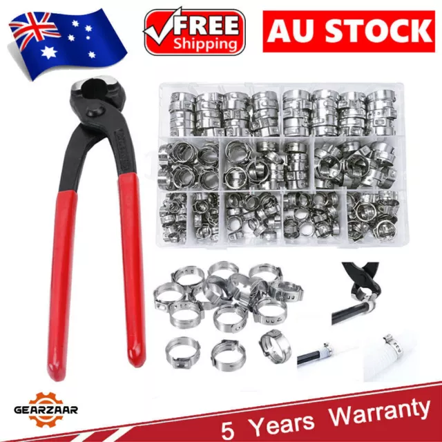 211PCS 304 Stainless Steel Single Ear Clamps Hose Crimp Fuel Pipe Clip + Plier