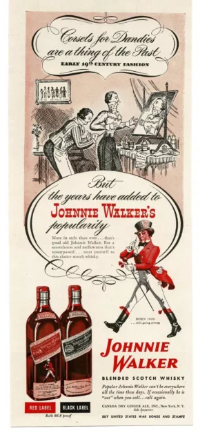 1945 Johnnie Walker Red Black Scotch Corsets For Men art WWII Vintage Print Ad