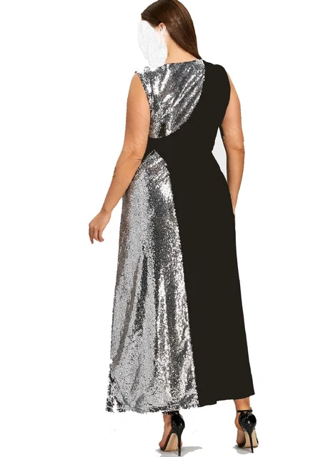 ROBE LONGUE DE SOIREE SEXY GRANDE TAILLE NOIRE ET PAILLETTES ARGENTS- taille 54 EUR 30,00 