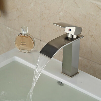 BWE Waterfall Spout Brushed Nickel Single Handle Bathroom Sink Faucet Deck Mount