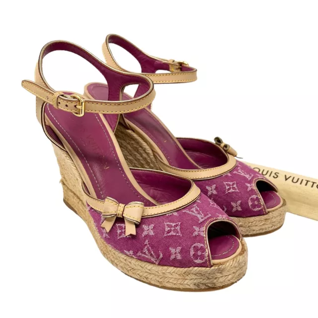 LOUIS VUITTON Vintage LV Logo Fur Ribbon Sandals #37 US 7 Pink Gold Satin  Rank B
