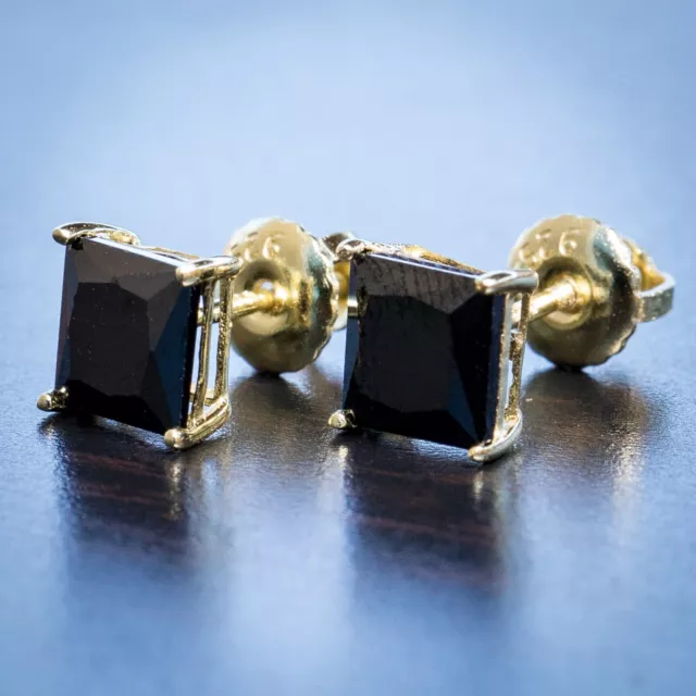 Gold Plated Princess Cut Black CZ Onyx Solitaire Square Stud Screw Earrings