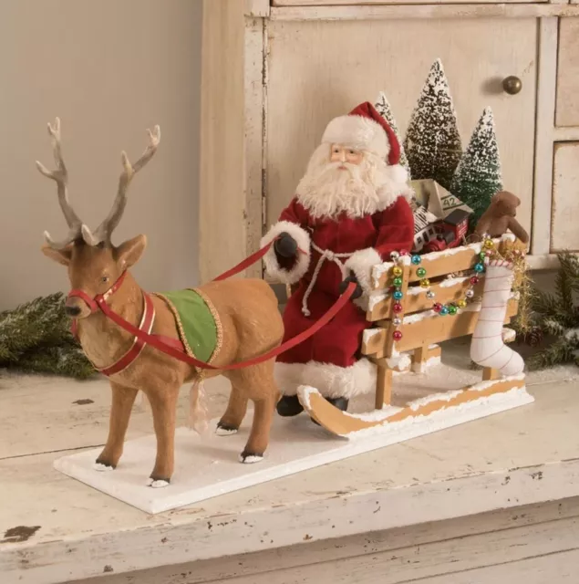13" Bethany Lowe Santas Sleigh Reindeer Bottlebrush Tree Retro Christmas Decor