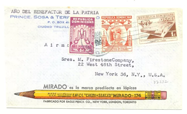 Rep Dominican 1956 Illustrated Cv - Pencil- To Usa -Vf @1