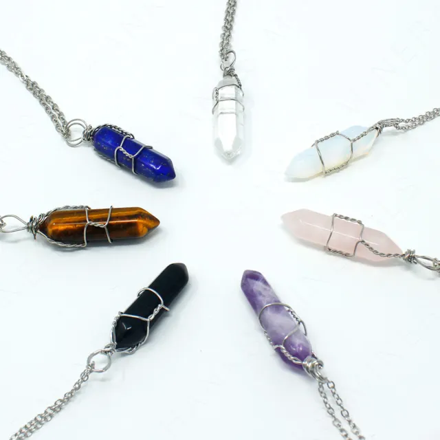 Wire-Wrapped Crystal Necklace Gemstone Pendant with Chain Opalite Onyx Amethyst 2