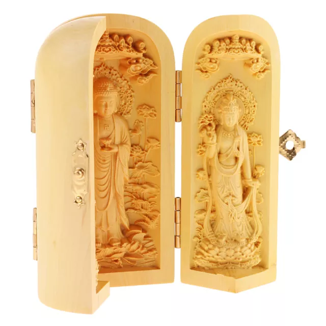 Tibet Supplies Bless Good Luck Lotus Flower Holy Kwan-yin 3 God Statue Box