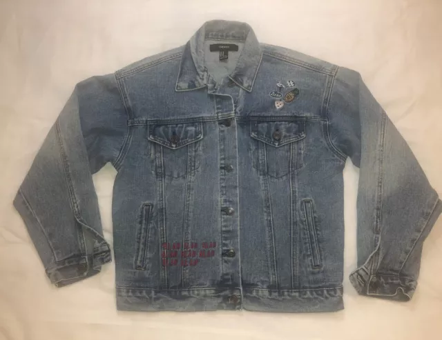 Forever 21 Women's Size M Blue Denim Embroidered Jean Jacket