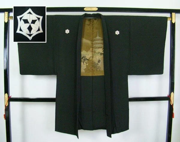Men's Montsuki Haori Kimono Japan Men'S Black Coat, Long Length, Curved Tortoise