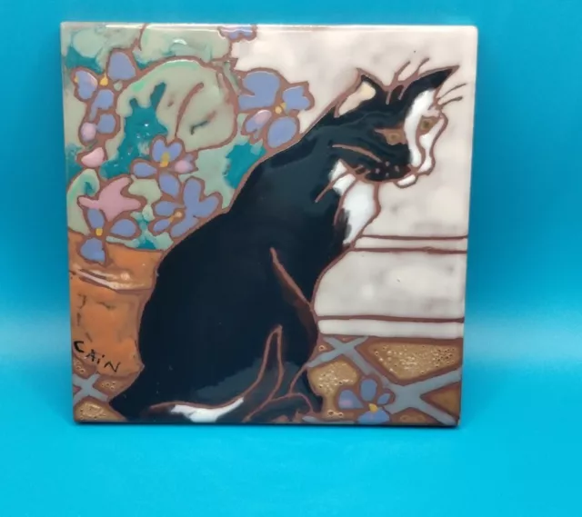 Decorative Black And White Cat Signed Tile