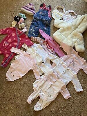 Age 0-3 Month Baby Girl Winter Clothes Bundle Inc Faux Fur Coat & Blanket