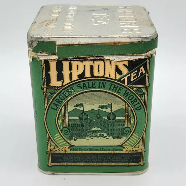Vintage Lipton Tea Tin Square Green Paper Label Pure Japan Tea Ceylon