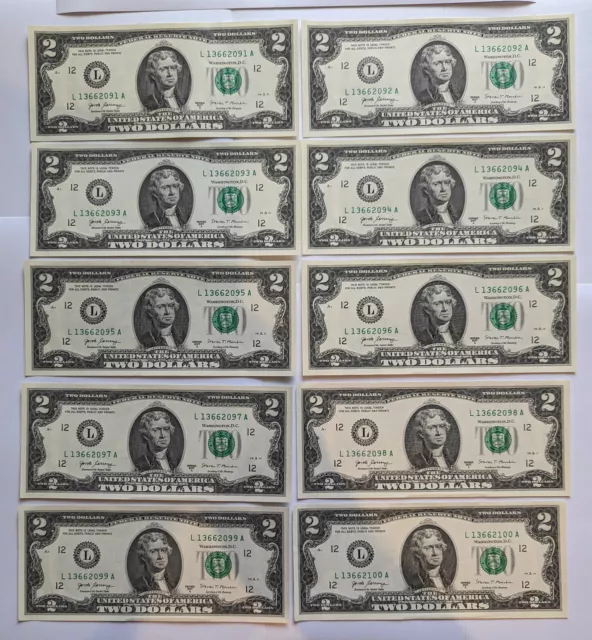 $2 Dollar Bill 2017a Series Gas Pump Error Note - Ten Bill Run Sequence