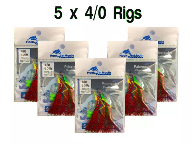 5 Red Snapper Rigs Flasher Fishing Rig - Paternoster 60lb 4/0 Hooks Flathead