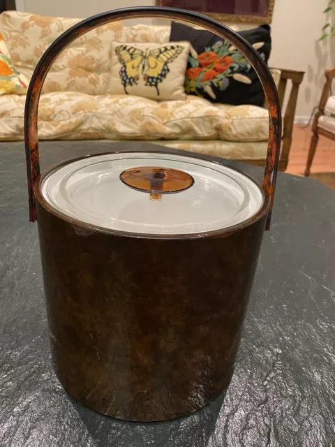 Vintage Georges Briard Ice Bucket Tortoise Brown Lucite Handle & Lid MCM Barware