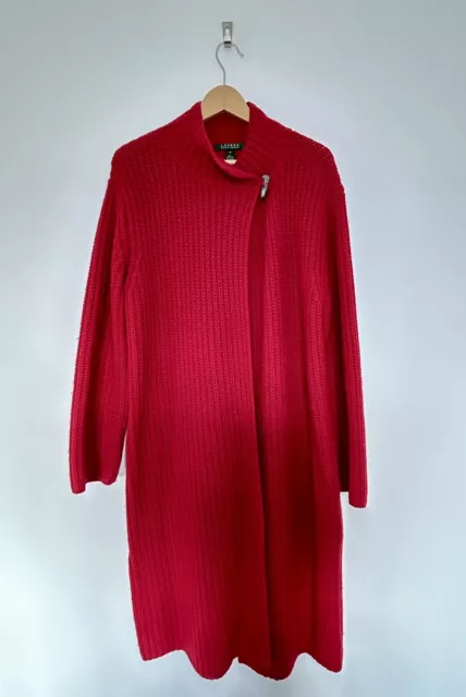 RALPH LAUREN Cardigan Women's Medium Red Wool Full Length Cape Lauren Green Tag