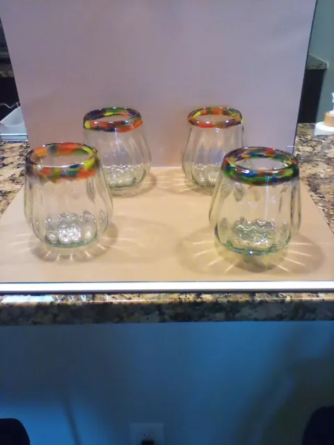 Hand Blown Stemless Wine Confetti Rimmed  Glasses Set Of 4