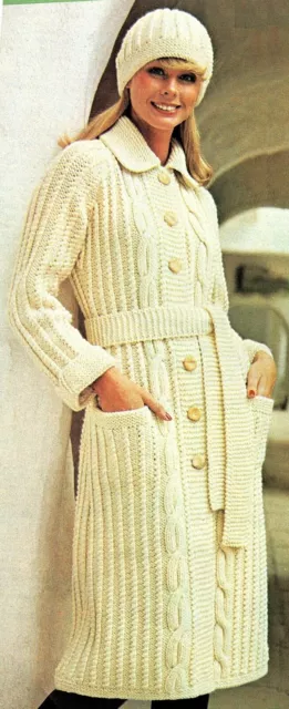 Ladies Long Line cable coat knitting pattern in chunky With hat. Vintage warm.