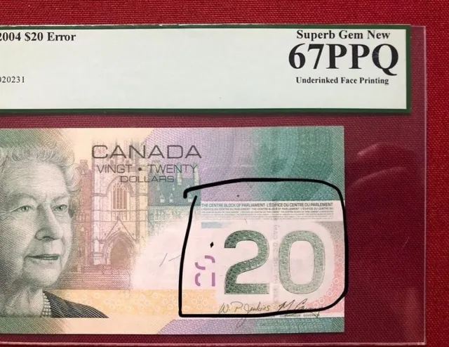 2004 Bank Of Canada $20 “ERROR: INCOMPLETE PRINTING”  PCGS UNC67: See Descrip.