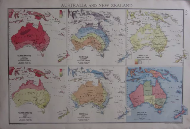 1942 Map ~ Australia & New Zealand Temperature Rainfall Density Of Population