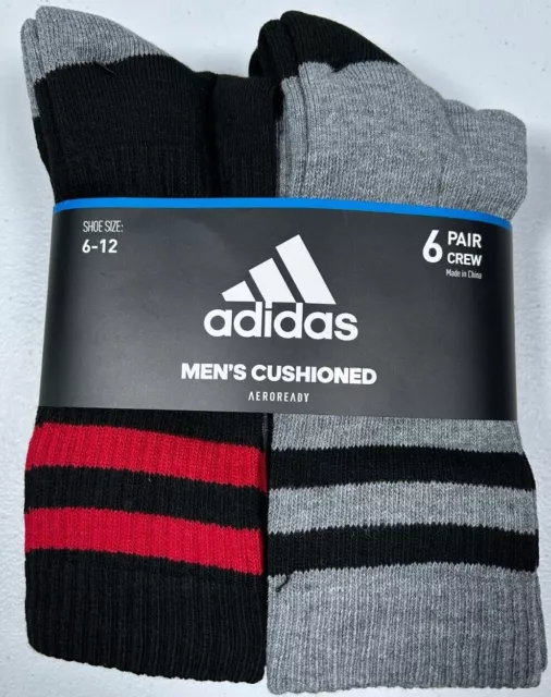 New Adidas Aeroready 6-Pack Cushioned Crew Socks Black Gray Red  Size 6-12 XX