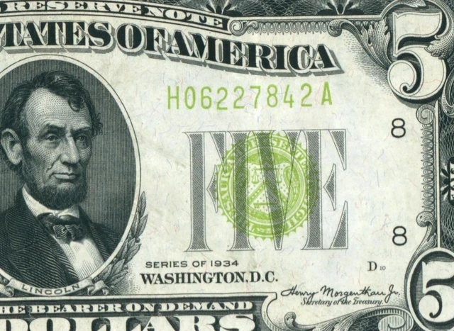 $5 1934 (HIGHER GRADE VF+++) LGS LIME ((LIGHT GREEN SEAL)) Federal Reserve Note