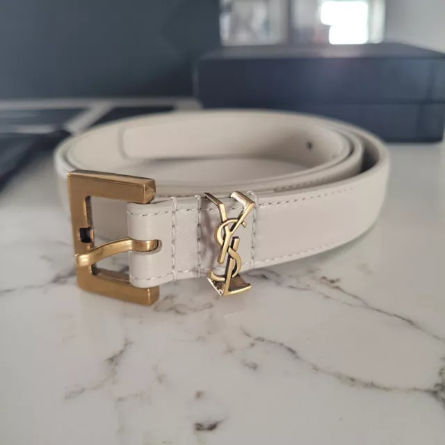 Nwt Saint Laurent Cassandre Thin Belt With Square Buckle In Crema White, Size 80