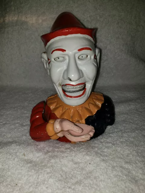 Vintage Reproduction (?) Cast Iron Jester Clown Mechanical Metal Coin Bank