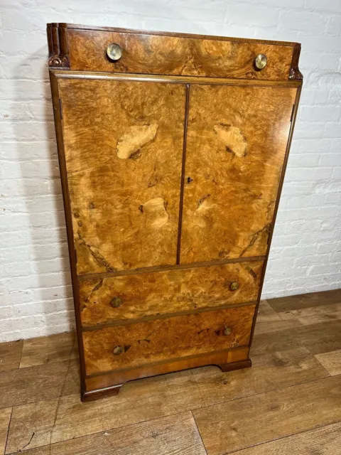 Antique Art Deco Burr Walnut Tallboy Cabinet Chest  . Free Delivery Available