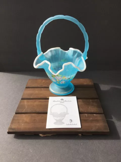 Fenton Hand Painted Charleton Collection Signed Art Blue Topaz Satin Basket