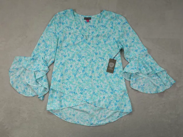 Vince Camuto Womens Blue Floral Wide Ruffle Long Sleeve V-Neck Blouse Size S