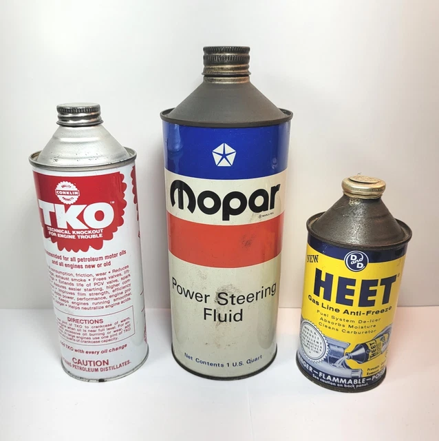 VINTAGE AUTOMOTIVE CANS, HEET Anti-freeze, Mopar Steering Fluid, TKO