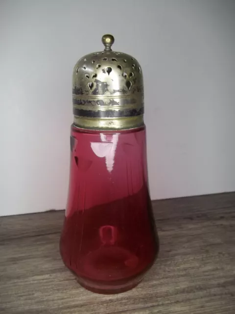 Antique Cranberry glass sugar shaker muffineer faceted cut glass           Z60