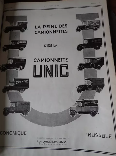 UNIC à PUTEAUX automobile camionnette publicité papier ILLUSTRATION 1925 col