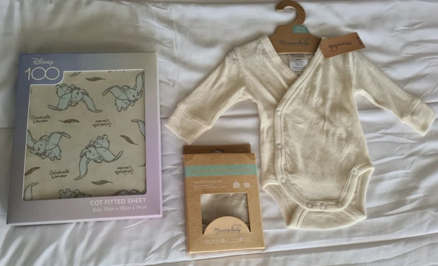 BABY BUNDLE - Merino Romper Beanie Mittens & Disney Dumbo Cot Sheet