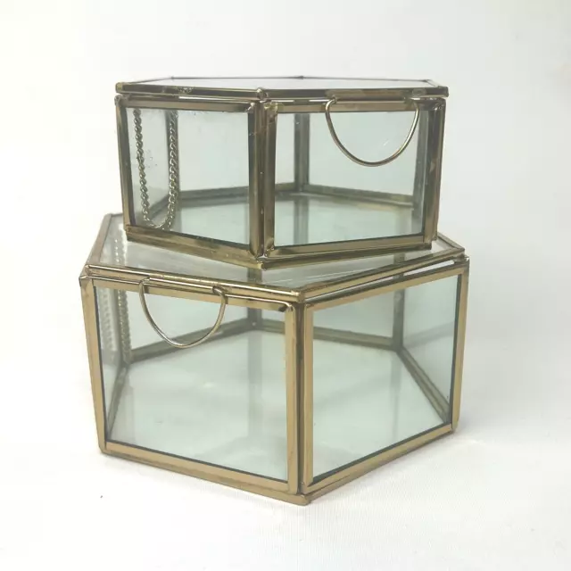 Vintage Brass Glass Small Hexagonal Curio Miniature Display Case Lot of 2