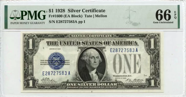 1928 $1 Silver Certificate Fr# 1600 PMG Gem 66 EPQ