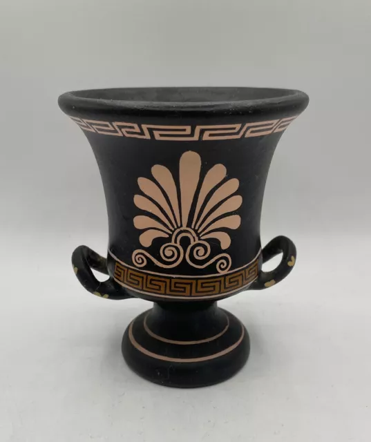 Vintage Hand Made in Greece Greek Gods Black Urn Two Handled Vase SEE Pics 4.5”