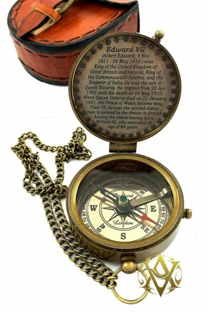 Pocket Chain Compass Victorian Edward Engraved Compass + Belt Strap Leather Case