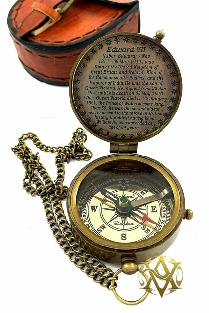 Pocket Chain Compass Victorian Edward Engraved Compass + Belt Strap Leather Case