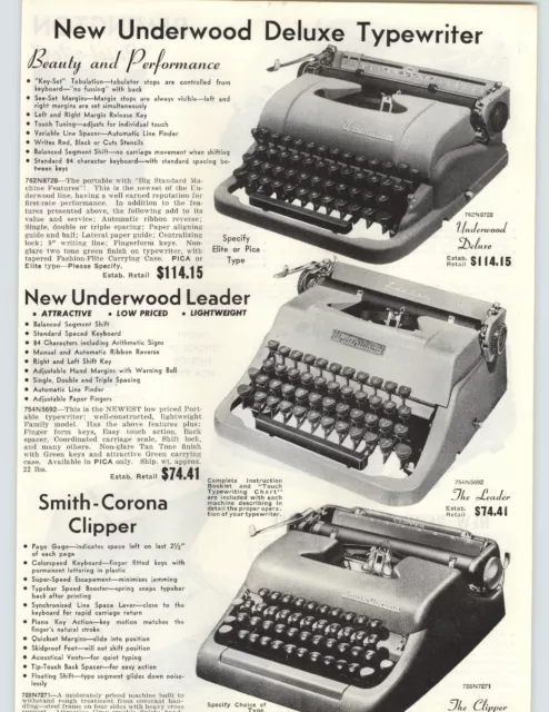1955 PAPER AD Underwood Deluxe Leader Remington Quiet Riter Portable Typewriter