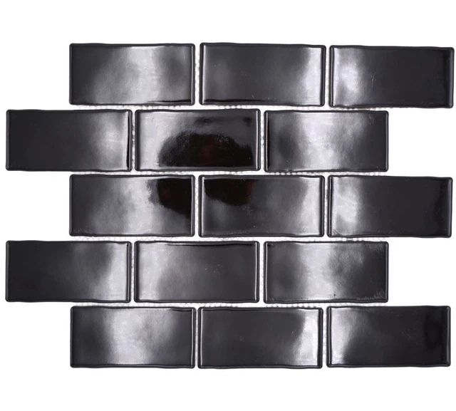 Azulejos de mosaico de cerámica Metro Sybway compuesto liso negro brillante | 10 alfombras