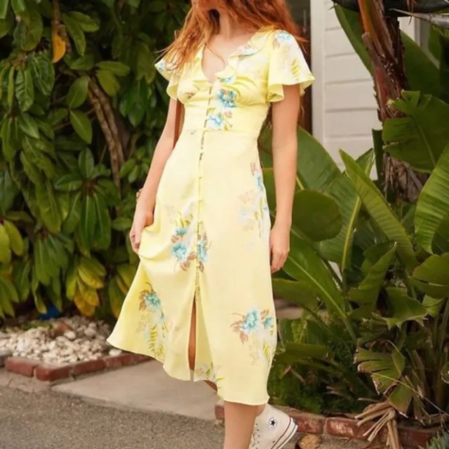 Urban Outfitters Heart Melter Midi Dress Womens Small Yellow Floral Ruffle