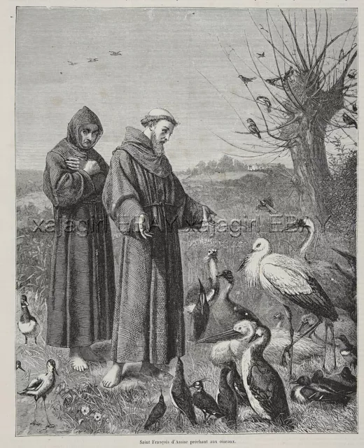 RELIGION SAINT FRANCIS D'Assisi Preaching to Birds, Large 1870s Antique ...