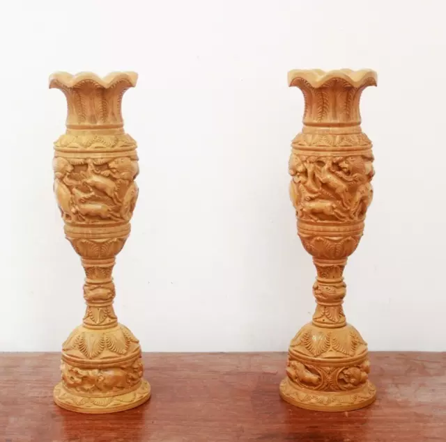 Wooden Flower Vase Pair Wooden Elephant Lion Statue Vintage Home Garden Decor